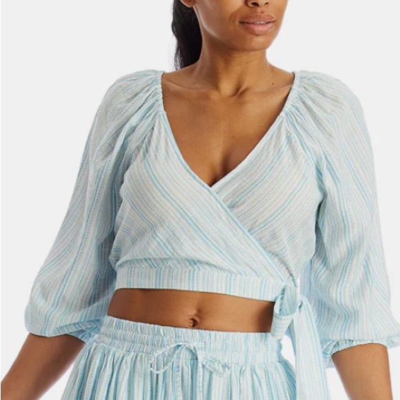 BCBGeneration Tops - BCBGENERATION Blue and White Striped Tie Side Faux Wrap Crop Top Size XS